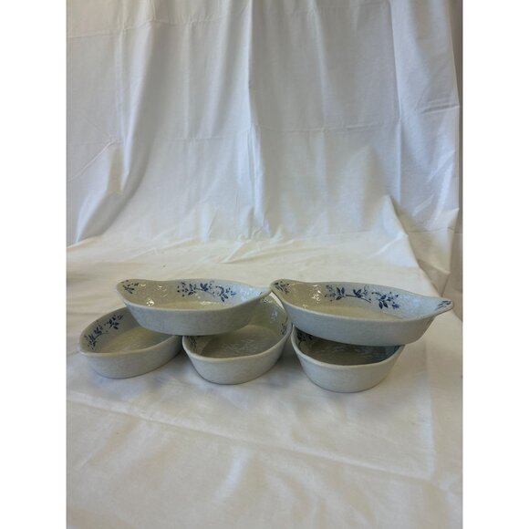 Set Of 5 Vintage Gray Oval Ceramic Bowls With Blue Floral Design - Picture 1 of 2